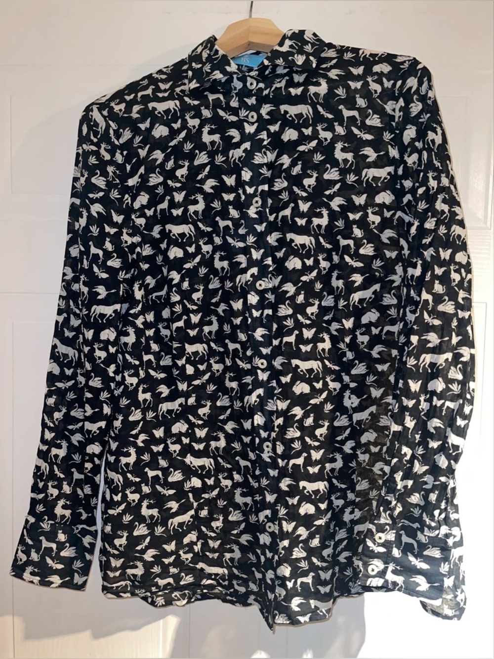 B.S Frankonia Black Sheer Cotton Button-Up Shirt Blouse with White Animal Print - Picture 2 of 11